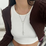 Daiiibabyyy  Unique Cross Pendant Necklace for Women Simple Crystal Necklace Sweater Chain Long Y-shaped Necklace Y2K Party Jewelry