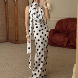 Daiiibabyyy  Sexy Halter With Scarf Top & Skirt Outfit Elegant Sleeveless Waist Slim Long Skirt Set Women Fashion Dot Print Backless 2Pc Suit
