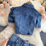 Daiiibabyyy  American Retro Denim Sets for Women Polo Collar Hollow Out Tops+High Waist Bandage Hot Shorts Girls Two-piece Set
