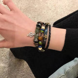 Daiiibabyyy  Handmade Hippie Design Brown Leather Bracelet Women Metal Star Note Charms Wood Button Beads Wrap Unisex Adjustable Bracelet