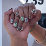 Daiiibabyyy  24PCS Sweet Cool Short Oval Press on Nails Leopard Cow Pattern French Metallic Silver Fake Nails for Spice Girls Simple Ins Nail