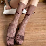 Daiiibabyyy  Japanese Sweet Lace Mesh Stockings for Women Summer Breathable Hollow Out Bowknot Elastic Long Tube Socks Girls Knee High Socks