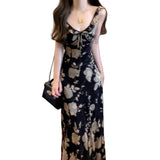 Daiiibabyyy  French Style Floral Print V-Neck Midi Dress with Lace Trim Summer New Arrival Slimming Long Gown for Women Tea Break Retro