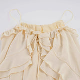 Daiiibabyyy  French Temperament Solid Ruffles Spaghetti Strap V Neck A-LINE Short Off Shoulder Dresses