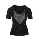 Daiiibabyyy  Harajuku Fake Two Pieces Vintage T-shirts Y2k Aesthetic Letter Print Patchwork Casual Tshirts Women Grunge Bodycon Cropped Tops