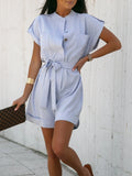 Daiiibabyyy  Summer Clothes Women's Jumpsuit Capri Sleeve Romper Beige Elastic Waist Short Jumpsuit Light Blue Loose Fit Casual Jumpsuit