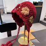 Daiiibabyyy  Flower Knitted Hat Women's New Autumn Japanese Retro Hat Literary Temperament Versatile Ear Protectort Hat Female