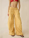 Daiiibabyyy  Women Vintage Loose Wide Leg Cargo Pants Elastic Waist Drawstring Big Pocket Long Trousers Spring Autumn Street Casual Pants