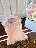 Daiiibabyyy  Kawaii Pink Shirts Women Cutecore Cropped Ruffles Chiffon Blouses Summer Ladies Fashion Korean Lace Up Flying Sleeve Tops