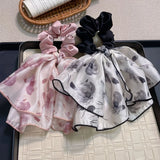 DAIIIBABYYY  - Elegant Ink Painting Ruffled Elastic Scrunchie Fashion Vintage Floral Streamers Oversized Hair Rope Hair Accessories
