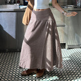 Daiiibabyyy  French Vintage Long Skirt For Women Casual Low Waist Plaid A Line Skirt Spring Summer Daily Commute Holiday Outfit Trend