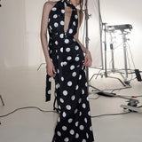 Daiiibabyyy  Sexy Halter With Scarf Top & Skirt Outfit Elegant Sleeveless Waist Slim Long Skirt Set Women Fashion Dot Print Backless 2Pc Suit