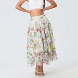 Daiiibabyyy  Early Fall Floral Print Ruffle Mesh Skirt Women Irregular Flowy A-line Midi Skirt for Travel, Beach, Shopping