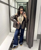 DAIIIBABYYY  -  Women Retro Faux Leather Jacket Solid Lapel Long Sleeve Single Breasted Pockets Padded Warm Outwear Fall Winter Chic Coat