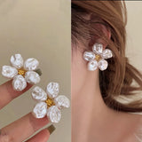 Daiiibabyyy  Korean Sweet Baroque Flat Pearl Flower Stud Earrings Elegant Temperament Floral Earring for Women Wedding Party Fashion Jewelry