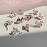 DAIIIBABYYY  -  Summer New Shiny Pink Flower Cherry Butterfly Star Pearl Stud Earrings Set for Women Girls One Week Korean Fashion Jewelry Gift