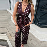 Daiiibabyyy  Women Casual Sleeveless Hight Waist Long Pant Sets Retro Polka Dot Summer Outfits Sexy Deep V-neck Tops & Wide Legger Pant Suit