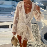 DAIIIBABYYY  -  Vintage Print Floral Lace Beach Cover-up Dress Sexy Ladies Deep V Knot Mini Dress Casual Women Long Sleeve Solid Vocation Dress