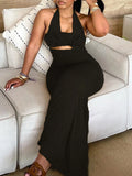 Daiiibabyyy  Solid Spliced Appliques Slimming Backless Dresses for Women Halter Sleeveless High Waist Temperament Dress Female Fashion
