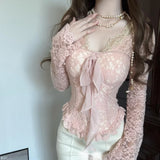 Daiiibabyyy  Spring Autumn Bow Strap Pink V-neck Long Sleeved Lace T-shirt Women Slim Fit Waist Cinching Design Base Top