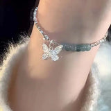 Daiiibabyyy  New Green Crystal Butterfly Shape Pendant Bracelet For Women Fashion Metal Irregular Geometric Beaded Chain Bracelet Jewelry