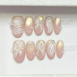 Daiiibabyyy  10pcs Diamond Design Handmade Nails Summer Green Short Almond Press on Nails Tips Cat's Eye Oval False Nail Art French Fake Nail