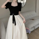 Daiiibabyyy  Women's Dress Elegant Waist-Cinching A-Line Midi Summer French Style Belly Covering Dress Spring Autumn Knee-Length