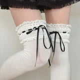 DAIIIBABYYY  -  Japanese Lolita Lace Cotton Calf-length Socks Sweet Bow Ribbon Kawaii Women Long Socks Drawstring JK Cosplay Accessories