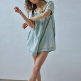 Daiiibabyyy  Casual Bubble Sleeve Solid Color Short Romper Women Fashion Lace-Up Hollow Summer Playsuit Fashion Square Collar Denim Jumpsuit
