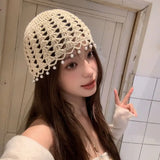 Daiiibabyyy  Casual Sweet Crochet Hollow Knitted Hat Beads Tassels Bohemian Style Knit Beanies Korean Handmade Weave Cap Outdoor