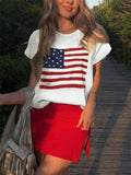 Daiiibabyyy  European Style Star Stripe Flag Pattern Knit T Shirt Women Loose Round Neck Cap Sleeve Short Sleeve Fashion Casual Tops