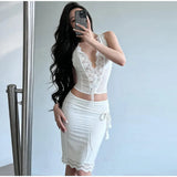 Daiiibabyyy  Lace Trim Tie-Up Corset Top Pencil Skirt Set Slim Fit Sleeveless Midi Length Summer Women Dress Chic Coquette Lady Co-ord