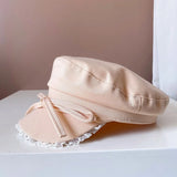 DAIIIBABYYY  -  Ins Niche Bow Lace Strap Flat Top Berets Cap Spring and Summer Travel Sweet Versatile Sun Protection Retro Newsboy Hats Women