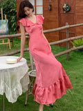 Daiiibabyyy New Summer French Vintage Midi Dresses for Women V-neck Ruffles A-line High Split Party Dress Prom Robe Elegant Vestidos Mujer