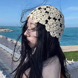 Daiiibabyyy  Ethnic Style Retro Hollow Out Knitted Cap for Women in Spring and Summer Thin Hat for Tourism Seaside Vacation Decorative Hat