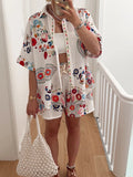 Daiiibabyyy  Cotton Linen Casual Summer Outfit Fashion Lapel Button Shirt & Short Pant Suit Women Fashion Pattern Print Half Sleeve Loose Set