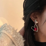 Daiiibabyyy 2024 New Korean Trendy Red Crystal Stone Dangle Earrings Simple Vintage Gothic Pearl Heart Pendant Earring Ear Drop Jewelry Gift