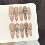 Daiiibabyyy  10Pcs Handmade Long Oval Fake Nails Pink Gold Luxury Rhinestone Decor False Nails For Party Wedding Wearable Press on Nails
