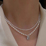 Daiiibabyyy  Vintage Shiny Cubic Zircon Square Pendant Necklace for Women Elegant Imitation Pearl Necklace Sweater Chain Party Jewelry Gifts