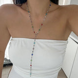 Daiiibabyyy  31.2in Fashion Colorful Glass Long Y-Shaped Necklace for Women Metal Collarbone Chain Summer Holiday Party Body Jewelry