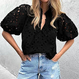 DAIIIBABYYY  -  Half Lantern Sleeve Fashion Tops, Women Summer Loungewear Solid Hollow Out Blouses, Ruffled Elegant Ladies Pullover Shirts