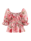 DAIIIBABYYY  -  Women's French One-shoulder Floral Temperament Shirts Female Summer Sweet Gentle Style Short Puff Sleeve Bow Pullover Blouse