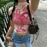 Daiiibabyyy  American Printed Graffiti Short Sleeved T-shirt Summer New Style Spicy Girl High Neck Slimming Design Pleated Top