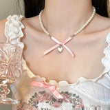 Daiiibabyyy Korean Fashion Y2K Goth Pink Bowknot Heart Pendant Pearl Beaded Clavicle Chain Necklace Women Aesthetic EMO Jewelry Accessories