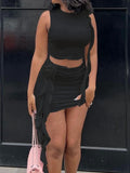 DAIIIBABYYY  -  Solid Chic Two Piece Sets for Women Round Neck Sleeveless Short Tops High Waist Spliced Appliques Skirts Slim Set Female