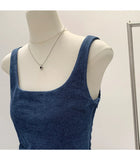 Daiiibabyyy  Women's Summer Blue Denim Short Dress High Waist Folding Strap Hip Wrapping Slimming Fit Mini Dresses 2025 New Style Fashion