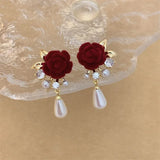 Daiiibabyyy  Wine Red Imitation Velvet Rose Pearl Earrings for Women Vintage Red Rose Elegant High-end Studs Earrings Jewelry Accessories