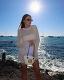 Daiiibabyyy  Pearl Corchet Mini Dress Women Summer Party Long Sleeve Knitting Dresses Cover Up Elegant Slim Vestidos Holiday Beach Robe
