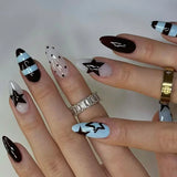 Daiiibabyyy  24Pcs Mid-length Almond Press on Fake Nails Blue French Coffee Flower Polka Dot False Nails Art Rhinestone Full Cover Nails Tips