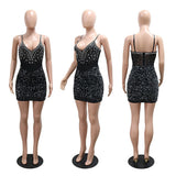 DAIIIBABYYY  -  Sexy Black Diamond Dresses for Woman Spaghetti Strap V Neck Sheath Mini Length Elegant Evening Night Club Vestidos Mujer Dress
